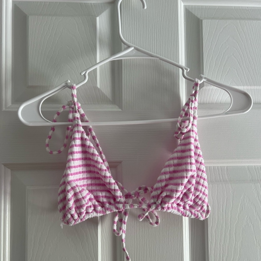 Pink and White Striped Tie Bikini Top